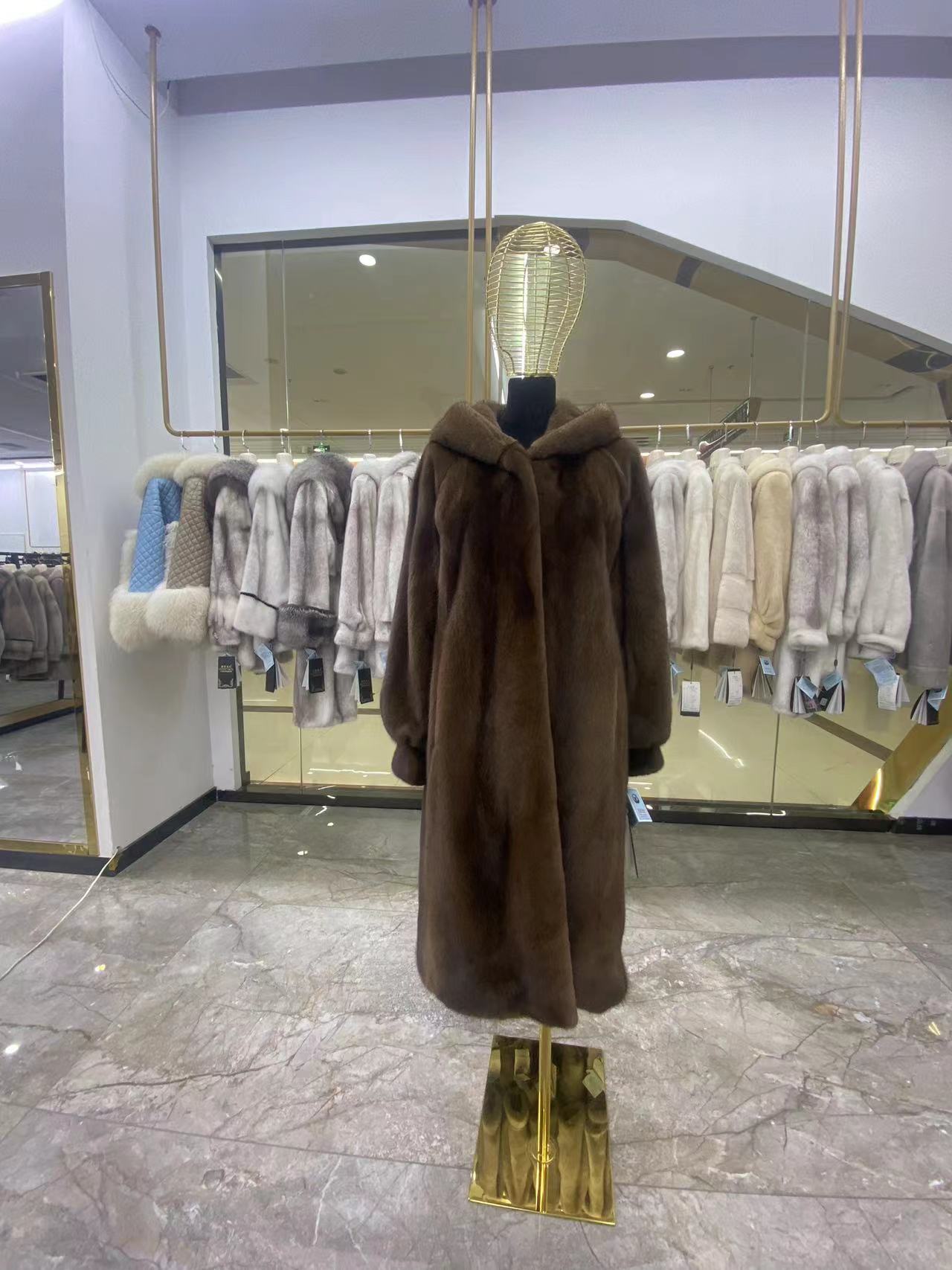 WFCS-IV155 Coffee hooded mink coat