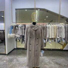 WFCS-LS7901 Double-breasted silver-blue mink coat with scarf collar