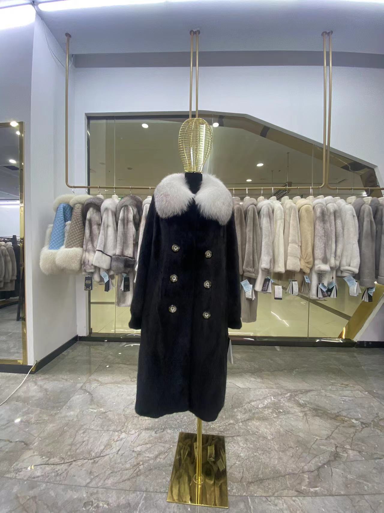 WFCS-NL156-8 Double Breasted Mink Coat with Fox Collar