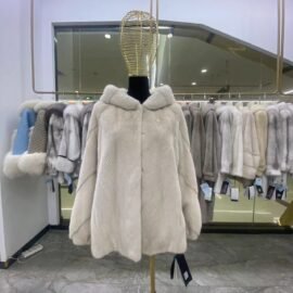 WFCS-DF1998 Pearl White Hooded Mink Coat